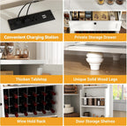 55" White Freestanding Coffee Bar Cabinet with Charging Station, Wine Rack, Drawer, Modern Liquor Wine Cabinet Home Mini Bar Sideboard Buffet Cabinet for Kitchen Dining Living Room Small Space