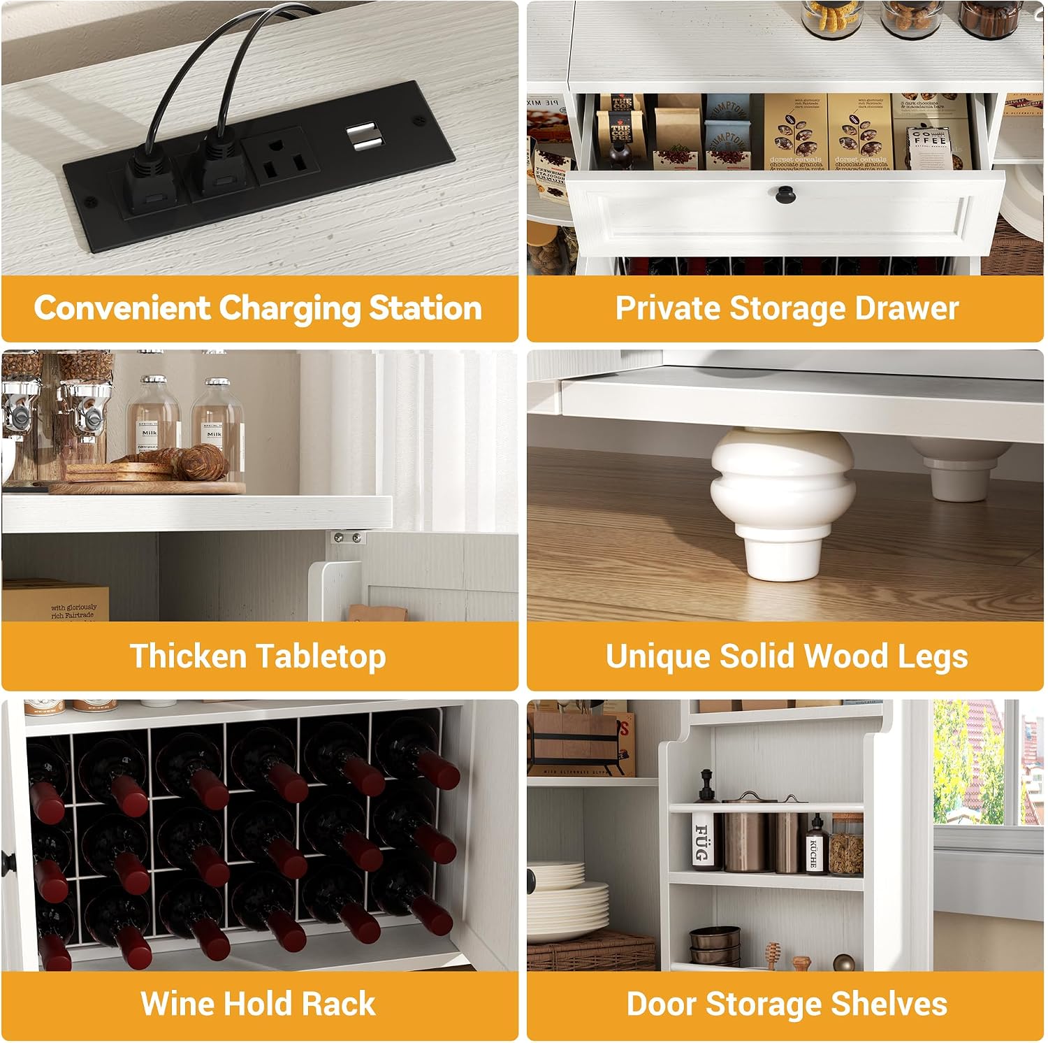55" White Freestanding Coffee Bar Cabinet with Charging Station, Wine Rack, Drawer, Modern Liquor Wine Cabinet Home Mini Bar Sideboard Buffet Cabinet for Kitchen Dining Living Room Small Space