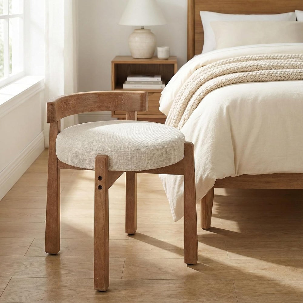 HNY Modern Linen Ottoman- Low-Back Makeup Seat & Lounge Footrest with Sol...