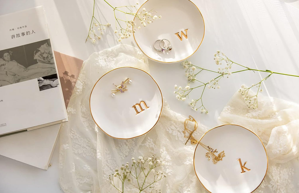 COLLECTIVE HOME - Ceramic Jewelry Tray, Decorative Trinket Dish for Rings Earrings Necklaces Bracelet Watch Keys, Birthday Mother's Day Christmas Gift for Women, 4.75", White Surface (O)