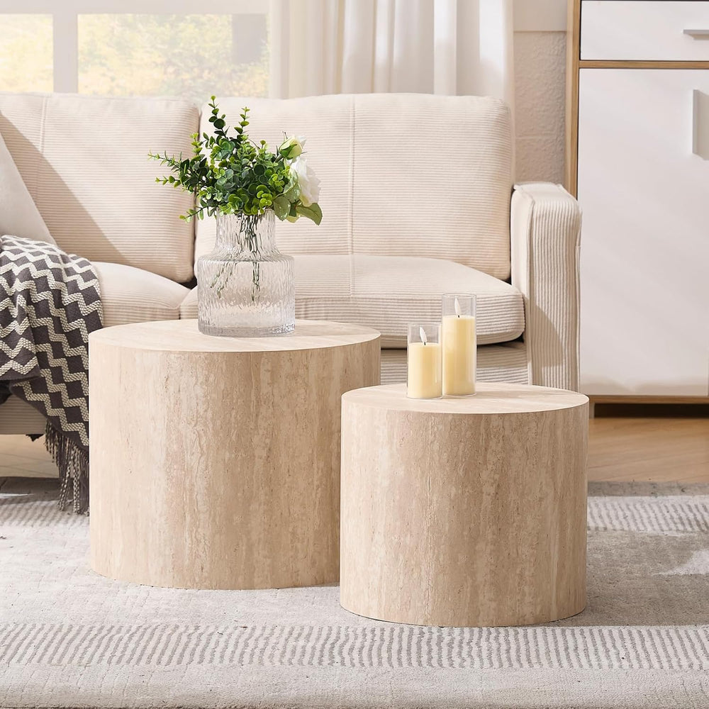 Ya-Home Modern Round Coffee Tables Nesting Table, Wood Set of 2 End Table Sid...