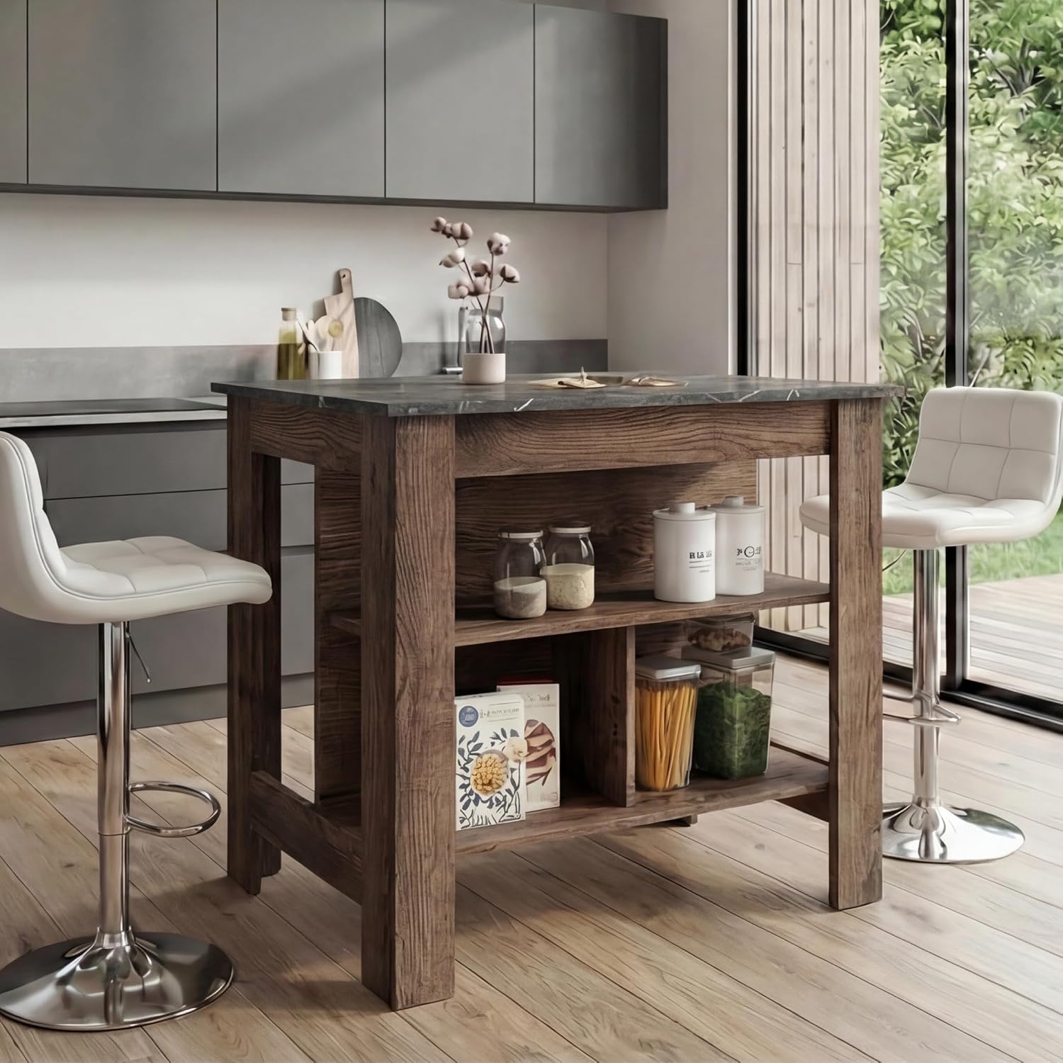TUHOME Cala Kitchen Island with Storage and Seating, 35.4" Tall Workstation, 3 Open Shelves, Wide Tabletop, Four Sturdy Legs, Engineered Wood, Small Kitchen Island for Meal Prep