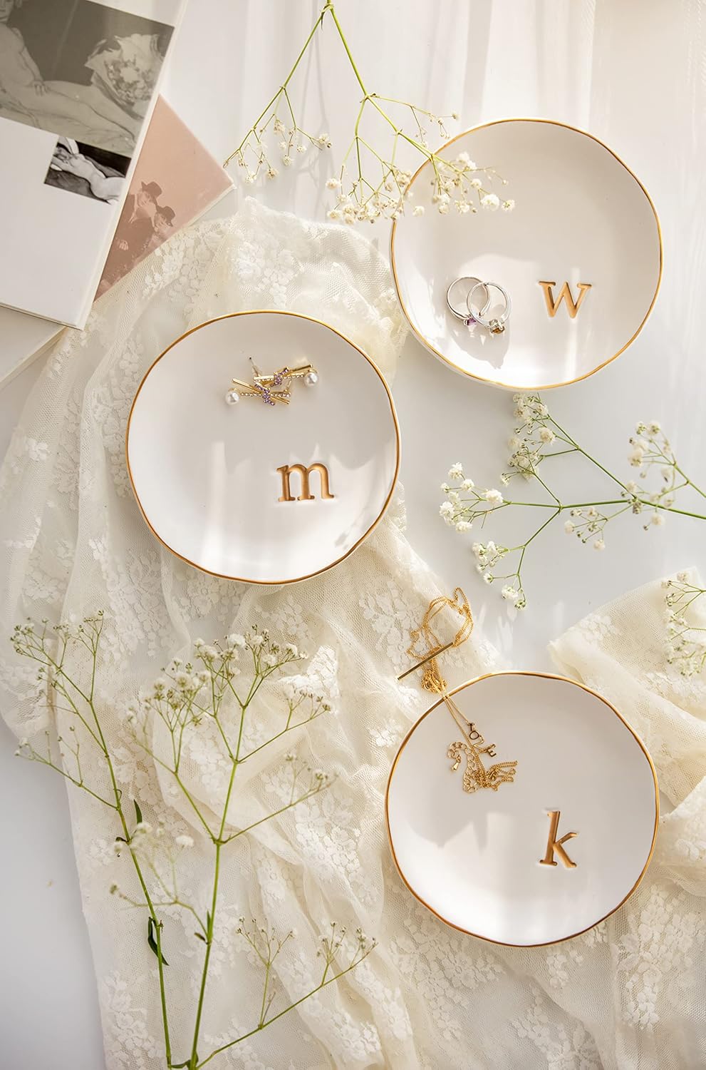 COLLECTIVE HOME - Ceramic Jewelry Tray, Decorative Trinket Dish for Rings Earrings Necklaces Bracelet Watch Keys, Birthday Mother's Day Christmas Gift for Women, 4.75", White Surface (W)