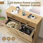 Grepatio Tilt Out Fluted Laundry Hamper Cabinet, 22 Gallon Double Hidden Laundry Hamper, Wooden Trash Can Cabinets with 2 Drawers, Modern Garbage Can Cabinet for Bathroom, Kitchen (Natural, Double)