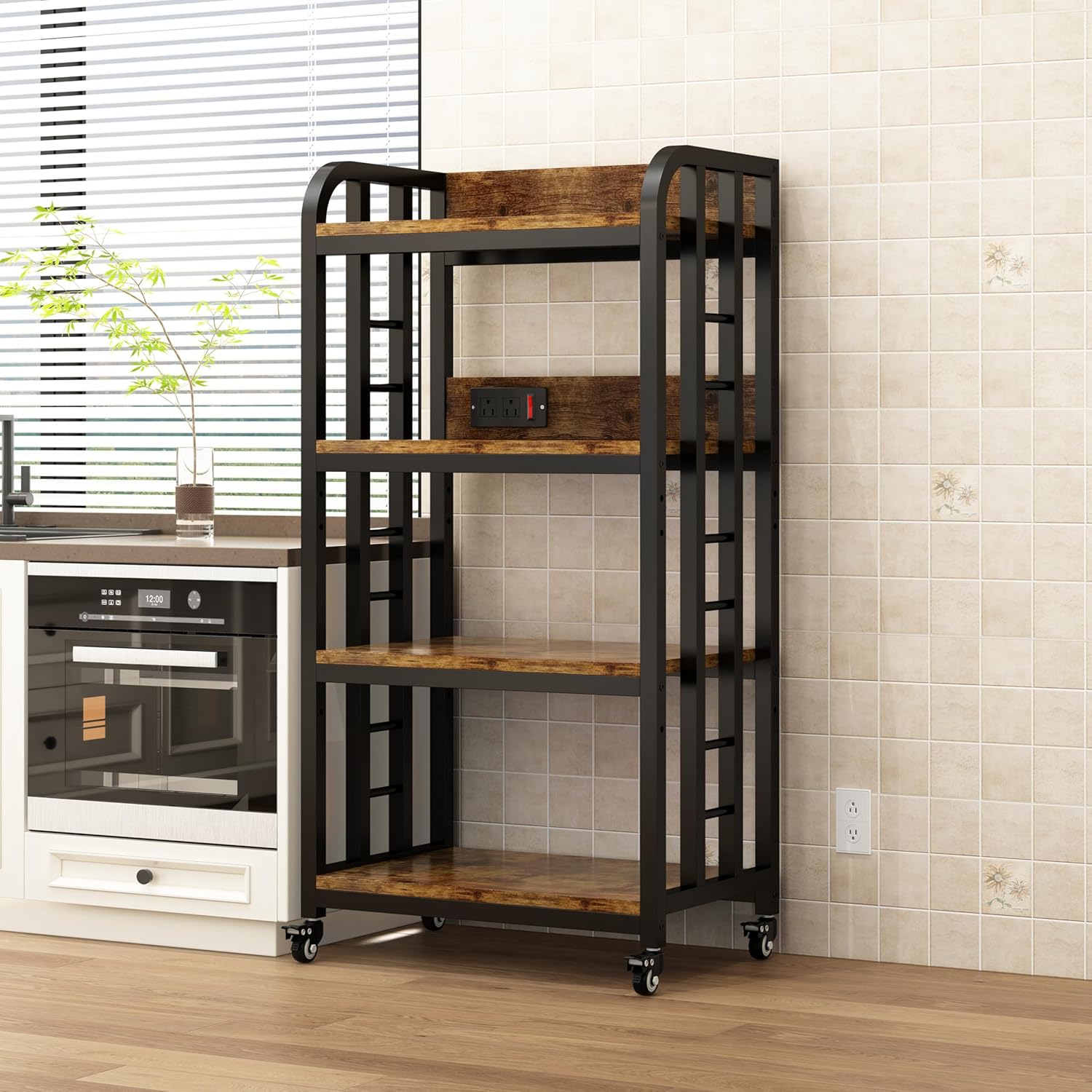 4-Tier Kitchen Bakers Rack with Power Outlet and Rolling Wheels, Microwave Stand with Storage, Adjustable Kitchen Shelves Freestadning, Coffee Bar Station, Bakers Rack for Spices, Pots and Pans, Brown