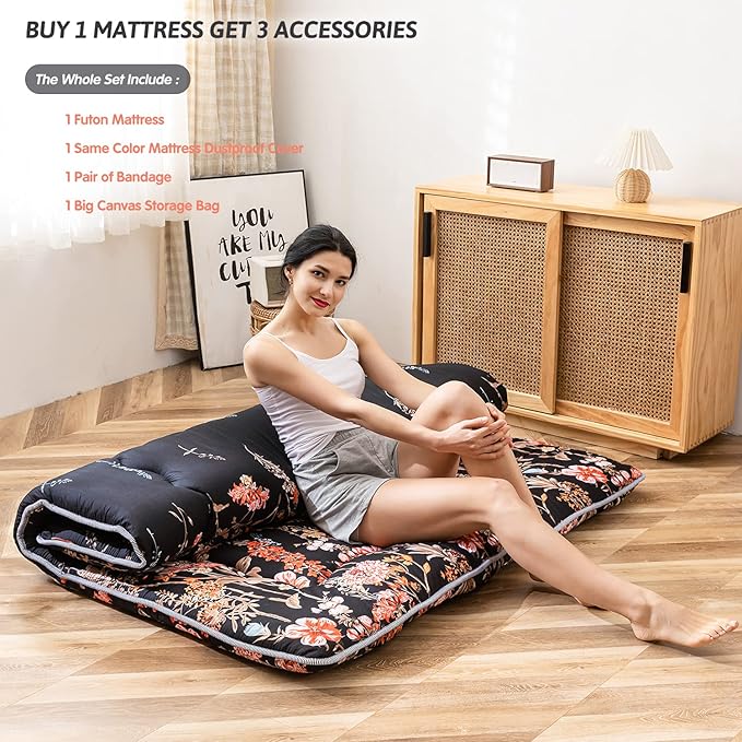 MAXYOYO Japanese Floor Mattress Futon Mattress, 4" Thicken Tatami Mat Sleeping Pad Foldable Roll Up Mat Boys Girls Dormitory Pad Kids Floor Lounger Pillow Bed, Charcoal Grey, Queen Size
