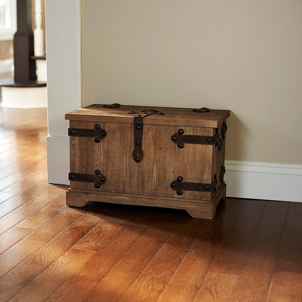 Household Essentials Decorative Trunk, Victorian, Small, Chinese Fir Wood, Aged-Wood Finish with Metal Accents, Fully Opening Lid, Stout Design, Ring Handles