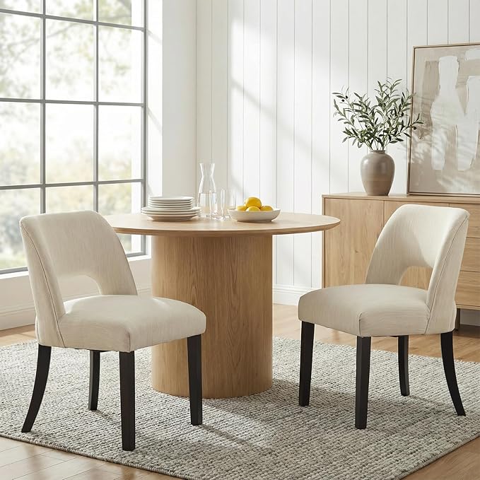 keoni Wooden Dining Chairs Set of 2, Mid Century Modern Upholstered Dining Room Chairs with Black Wood Legs, Fabric Farmhouse Kitchen Chairs with Foot Pegs for Dining Room, Beige