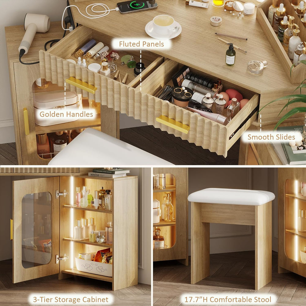 Corner Vanity Desk with 3 Way Mirror & LED Lights, Makeup Table Set with ...