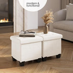 STORAGEBUD Storage Ottoman Cube with Small Bin, 16-in Square Ottoman with Storage for Living Room and Bedroom, Small Ottomans Foot Rest, Fabric Foot Stools Ottomans Max 330lbs, Cream