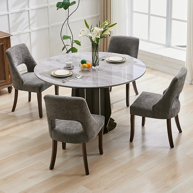 UVV Wooden Dining Chairs Set of 2, Mid Century Modern Upholstered Dining Room Chair Kitchen Chairs, Chenille Dinner Chair with Solid Wood Legs for Kitchen Dining Room, Dark Grey
