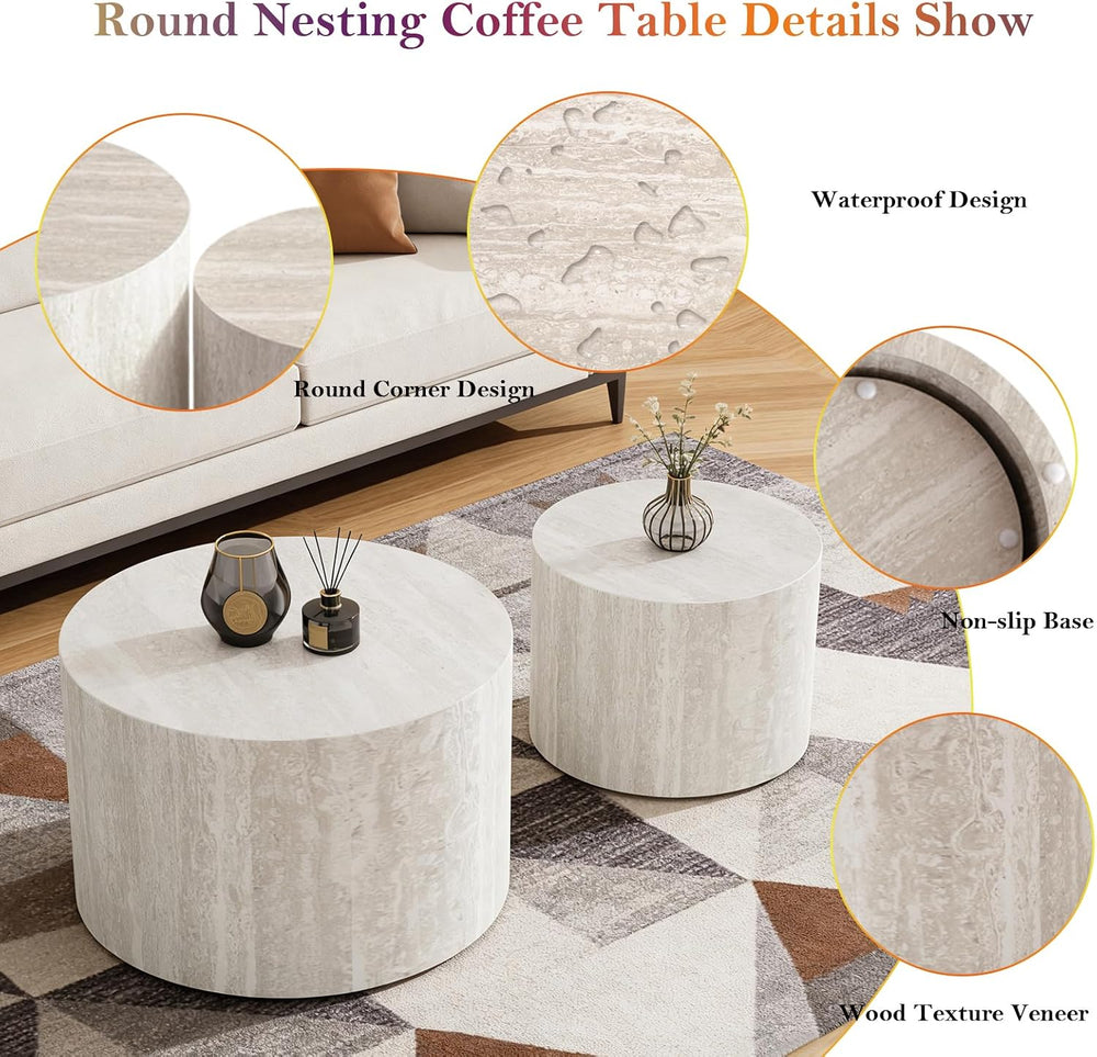 Round Travertine Nesting Coffee Table (A 18.1+14.6in) | Modern Circular Accen...