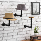 MyGift 3 Pcs Cowboy Hat Holder on Wall, Hat Rack Hooks, Wig Display Helmet Collection Organizer, Baseball Cap Hanger Entryway Bedroom, Realistic Black Metal Pipe Brown Wood