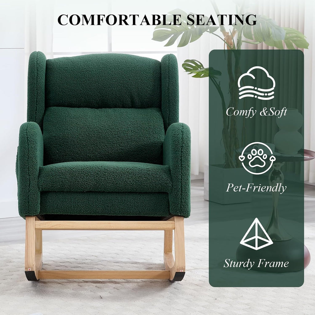 NIOIIKIT Nursery Rocking Chair with Footrest, Teddy Upholstered Glider Chair, Rocker Nursery Chair with Side Pocket, Glider Rocker, Accent Reading Chair for Living Room (Green)