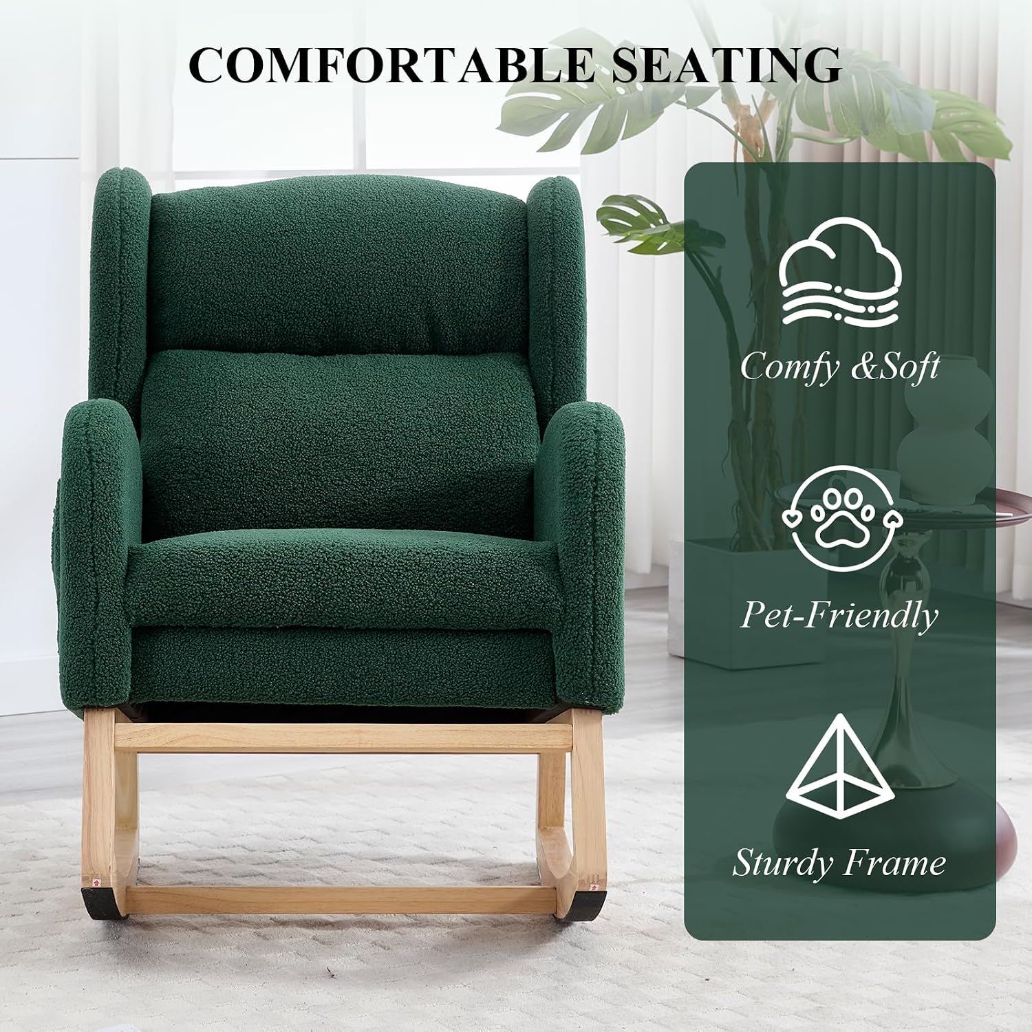 NIOIIKIT Nursery Rocking Chair with Footrest, Teddy Upholstered Glider Chair, Rocker Nursery Chair with Side Pocket, Glider Rocker, Accent Reading Chair for Living Room (Green)