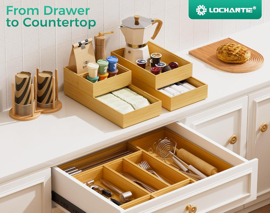 Long Bamboo Kitchen Drawer Organizer Boxes 17" x 6" Wood Pantry Organizers | Set of 2 Stackable Wooden Silverware Utensil Tray for Drawers Bins Cutlery & Flatware Storage for Junk Drawer Bathroom Rv