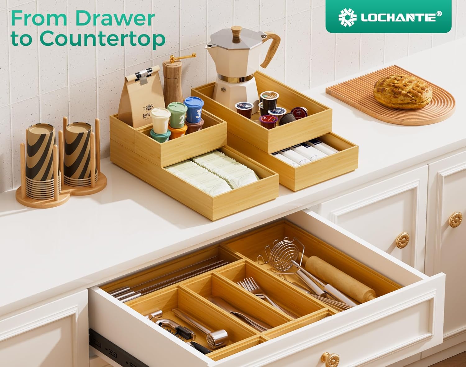 Long Bamboo Kitchen Drawer Organizer Boxes 17" x 6" Wood Pantry Organizers | Set of 2 Stackable Wooden Silverware Utensil Tray for Drawers Bins Cutlery & Flatware Storage for Junk Drawer Bathroom Rv