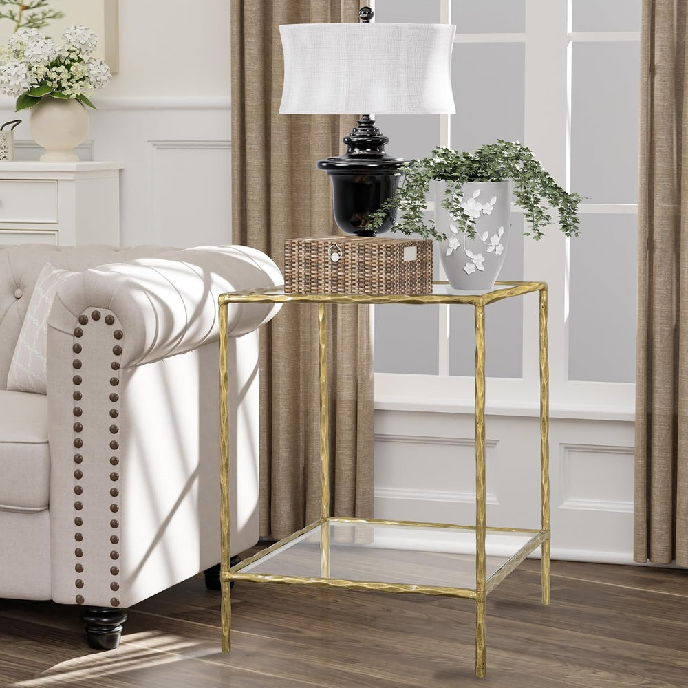 BEGINS Hand Forged Side Table 2 Tier, Vintage End Table Glass Top Coffee Tabl...