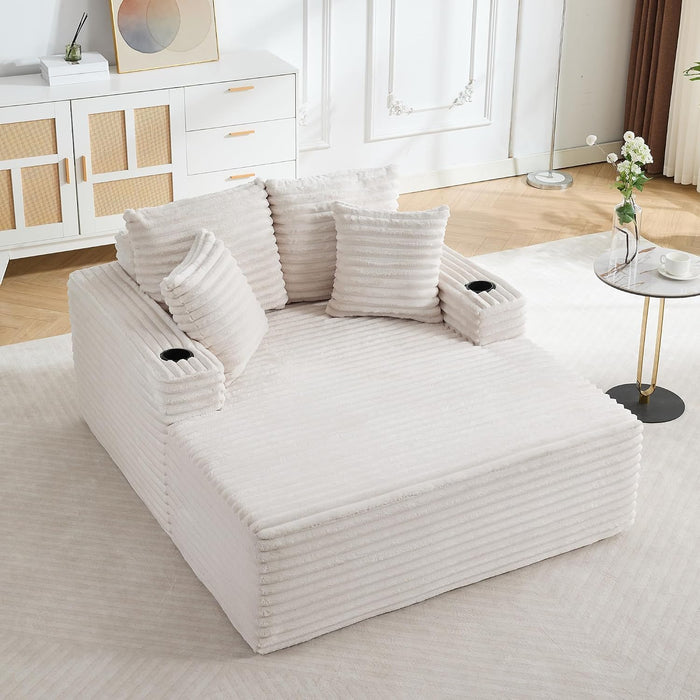 Garvee 64" Oversized Chaise Lounge Chair Indoor, Corduroy Upholstered Boneless Sofa Bed with 2 Pillows & 2 Cup Holders, No Assembly, Deep Seat Sleeper Couch Chairs for Living Room, Bedroom, Beige