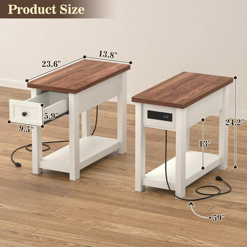 Narrow End Table with Charging Station - Farmhouse Side Table with Drawer, 14...