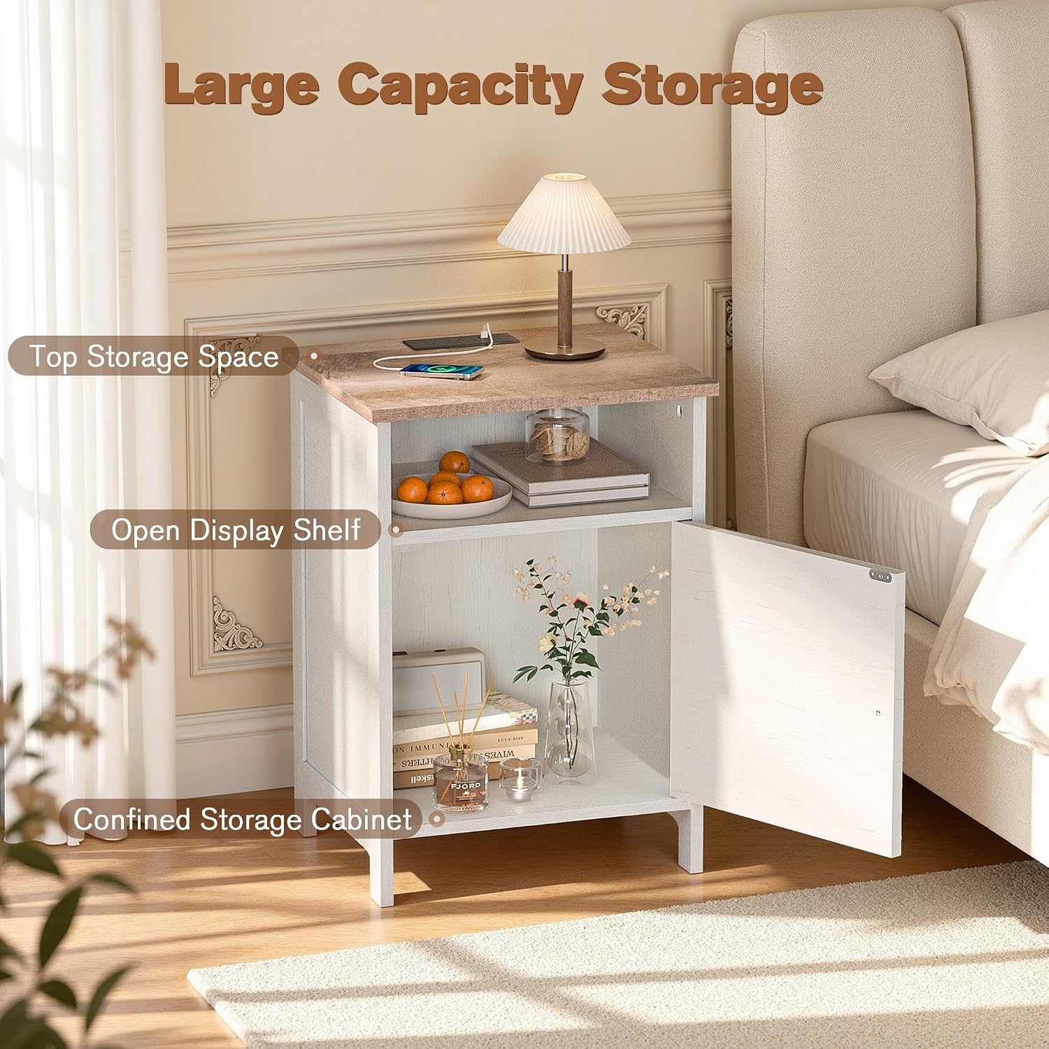 Nightstands Set of 2 with Charging Station, Farmhouse Night Stand with Open Shelf, Bedside Tables with Enclosed Cabinet, Wooden End Table with USB Ports & Outlets for Bedroom
