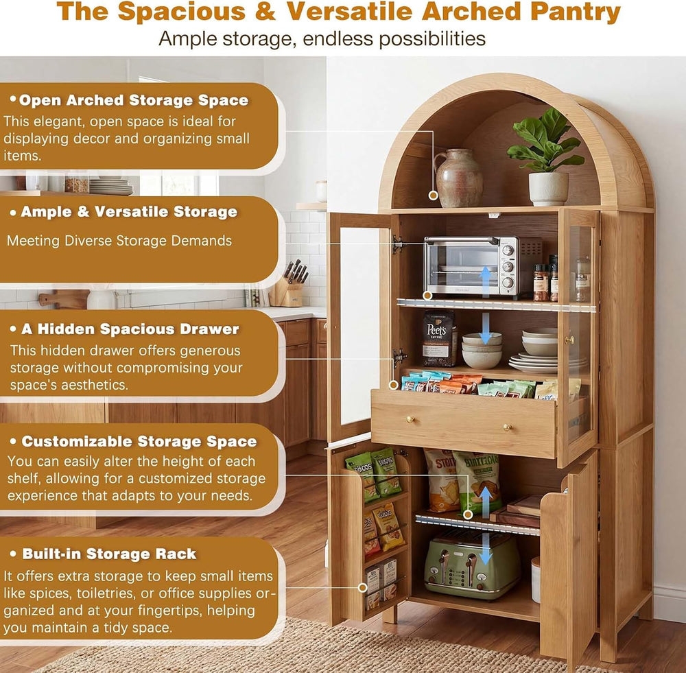 71" Fluted Tall Arched Pantry Cabinet with Glass Doors,Hutch Cabinet wit...