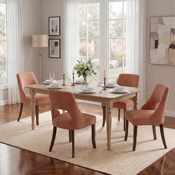 UVV Wooden Dining Chairs Set of 4, Mid Century Modern Upholstered Dining Room Chair Kitchen Chairs, Chenille Dinner Chair with Solid Wood Legs for Kitchen Dining Room, Orange
