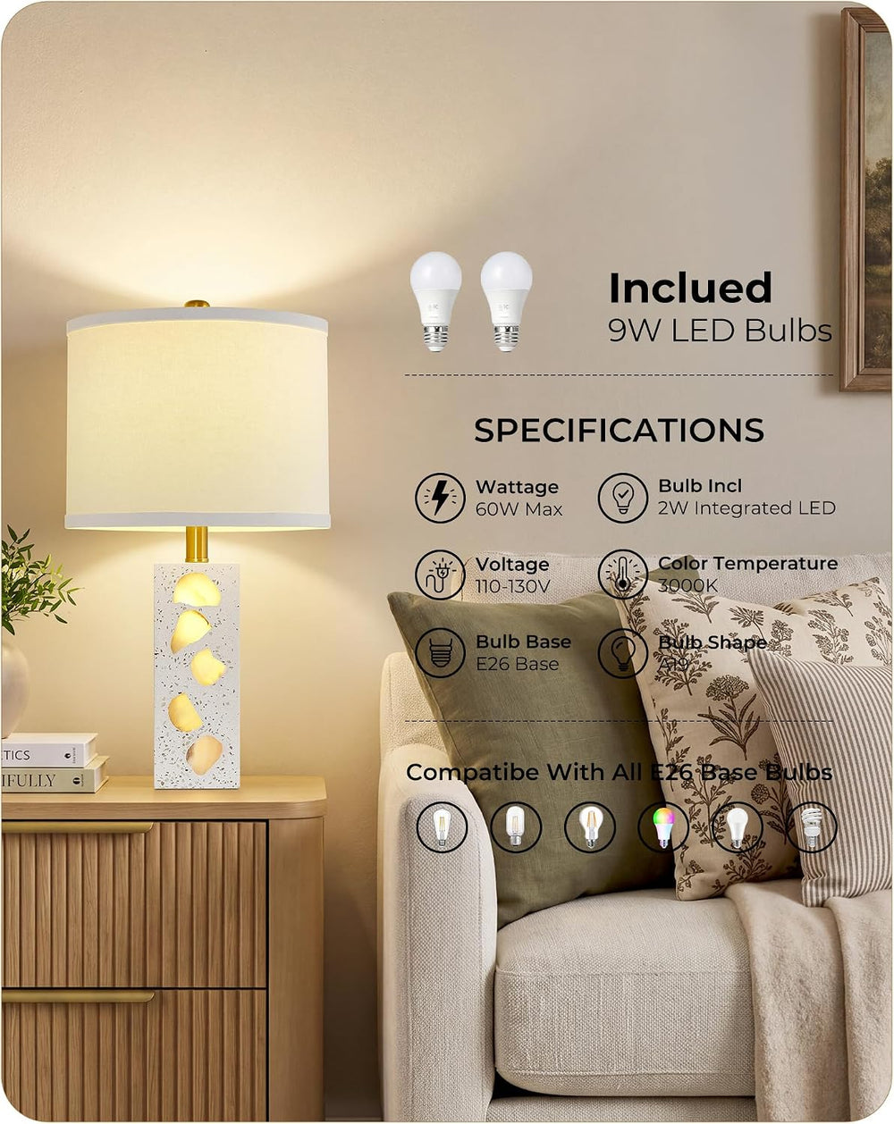 22" Table Lamps Set of 2, Translucent Stone-Inspired Lamps with Night Light