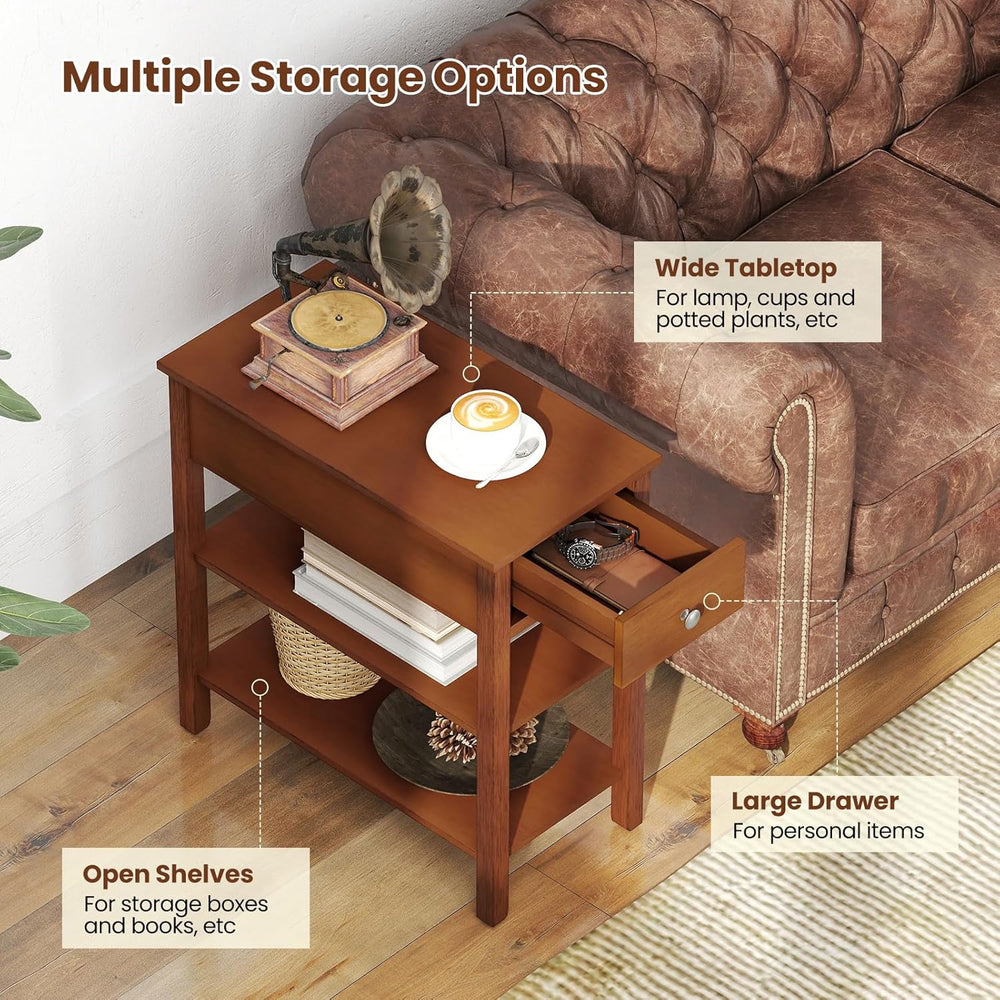 Giantex Narrow End Table Set of 2, Farmhouse Side Tables with Drawer & St...