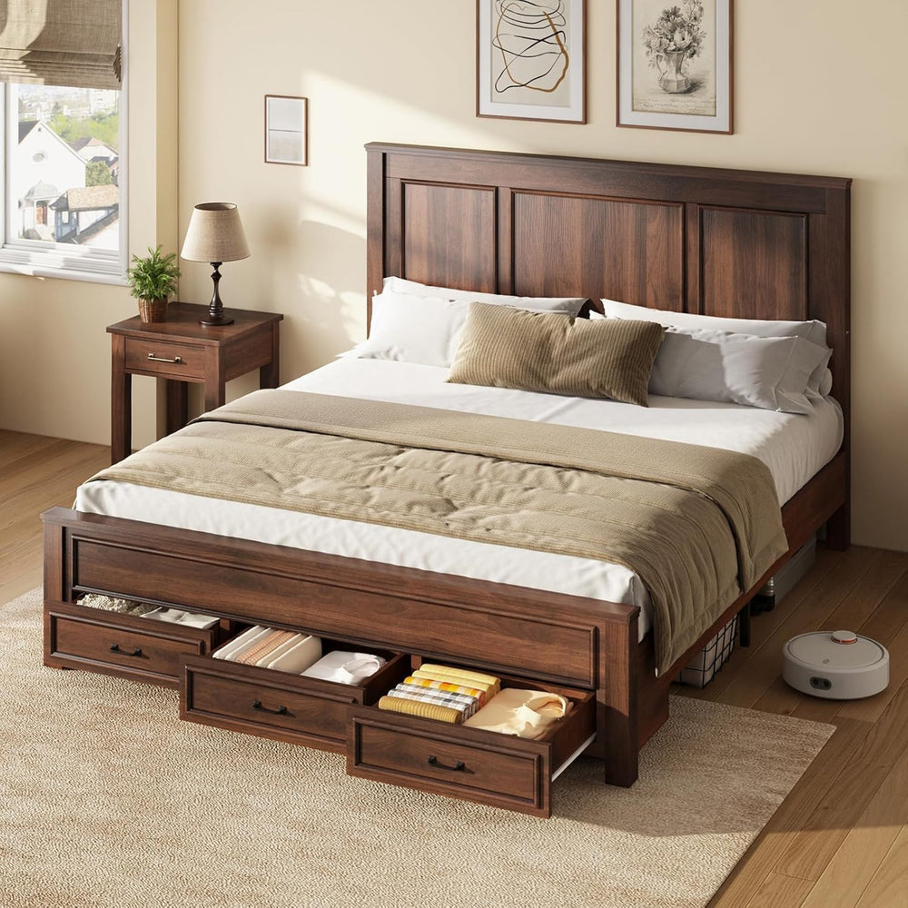 AMERLIFE 52.2" King Size Farmhouse Bed Frame with Headboard, Rustic Brown