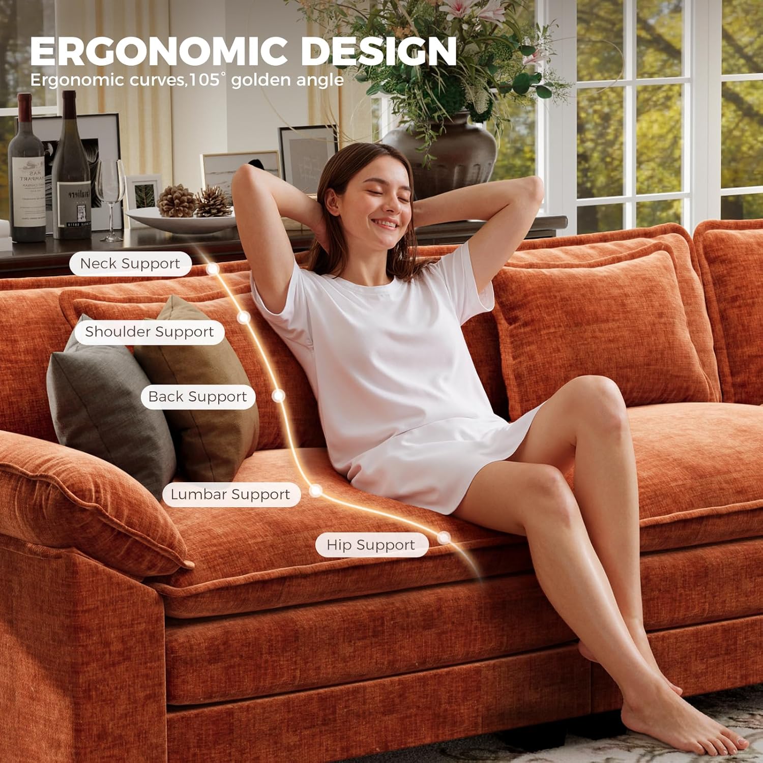 120" Oversized Modular Sectional Sofa, Comfy U-Shaped Cloud Couch w/ 2 Movable Ottoman, 5-Seater Chenille Deep Seat Modern Sofa Couch for Living Room, DIY Combination, Terracotta Orange
