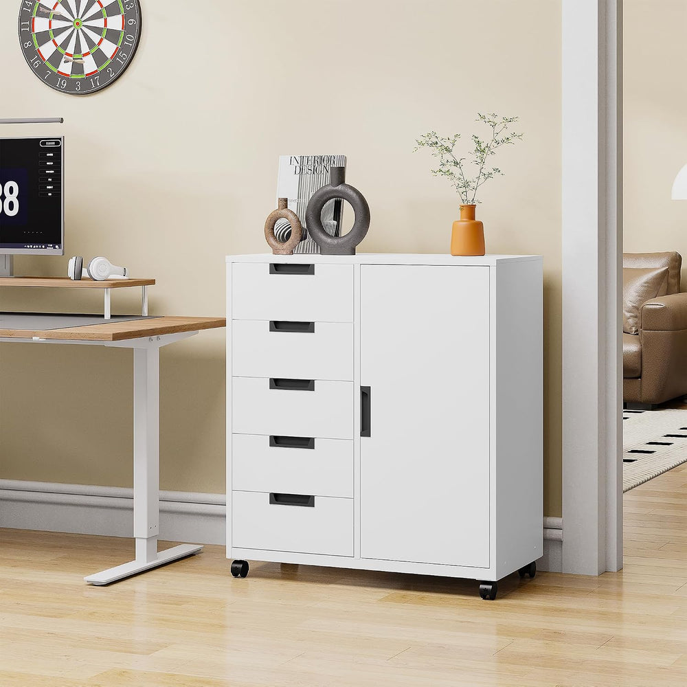5-Drawer Metal Storage Cabinet with Adjustable Shelves and Wheels, Printer St...