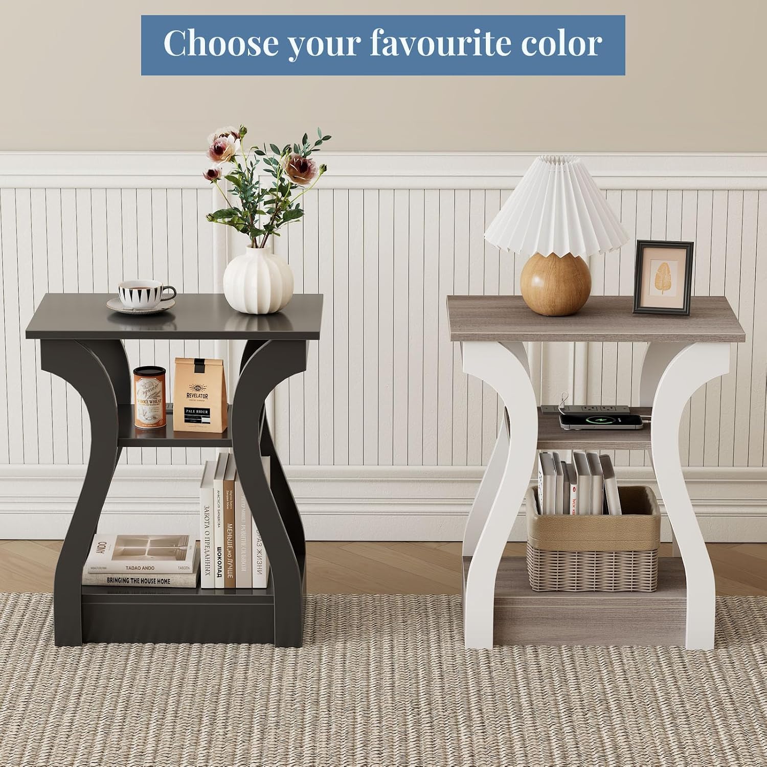 OLIXIS 3 Tier End Table with Charging Station, Modern Curved Nightstand Side Table with USB, Type-C Port & AC Outlets, Storage Shelf Cabinet for Living Room Bedroom Home Decor, Black