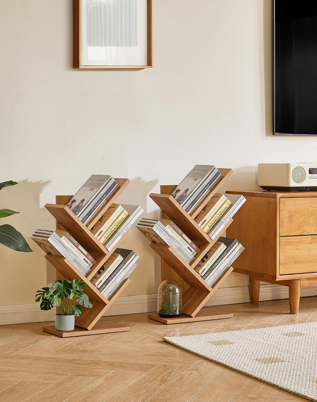 YMYNY 4 Tier Tree Bookshelf, Small Bookcase, Modern Wood Book Storage Rack, Freestanding Book Shelf for Books/Movies/CDs, Narrow Display Rack for Living Room, Home Office, Light Oak UHBC014K