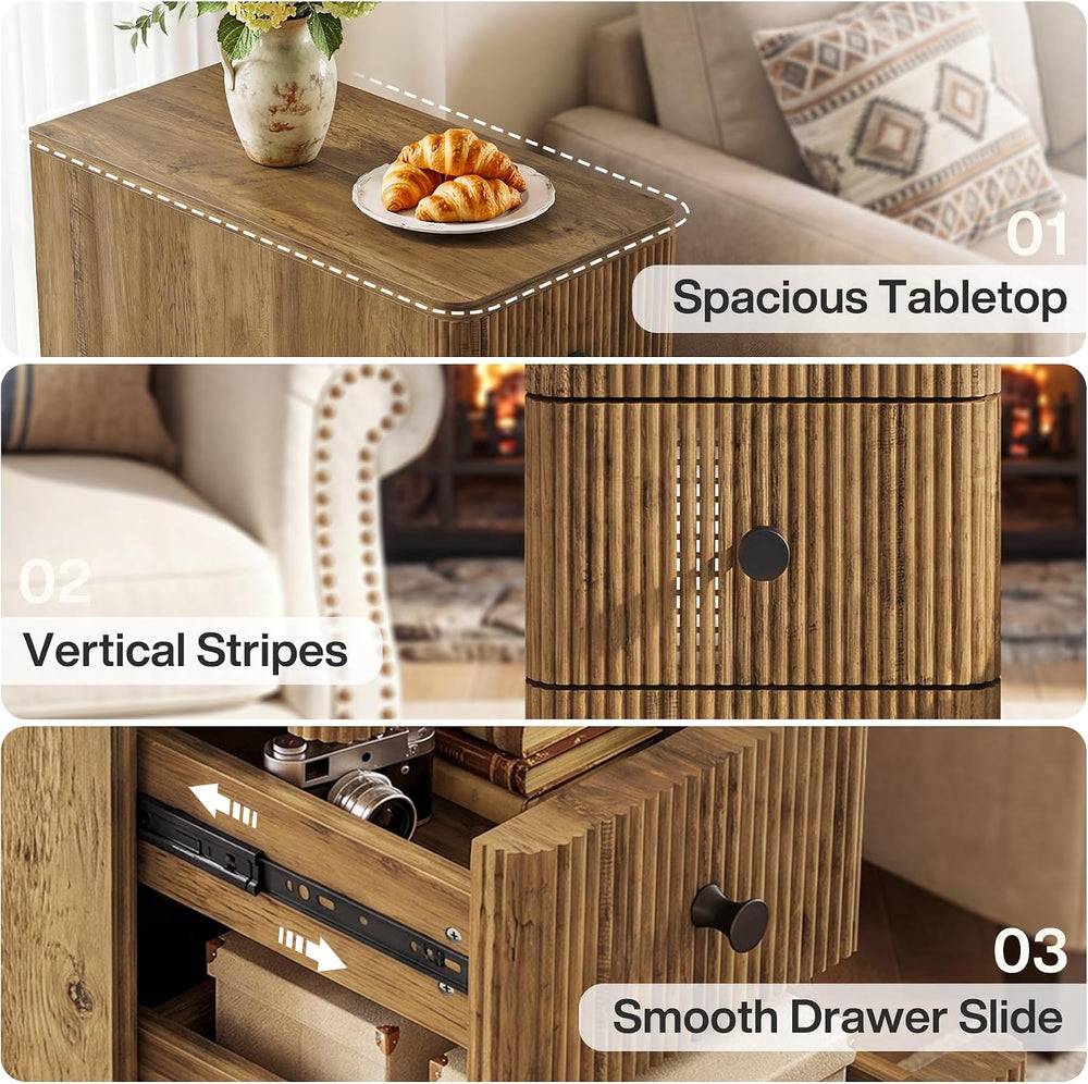 Tribesigns End Table with 3 Drawers, Farmhouse Fluted Narrow Side Table, Wood...