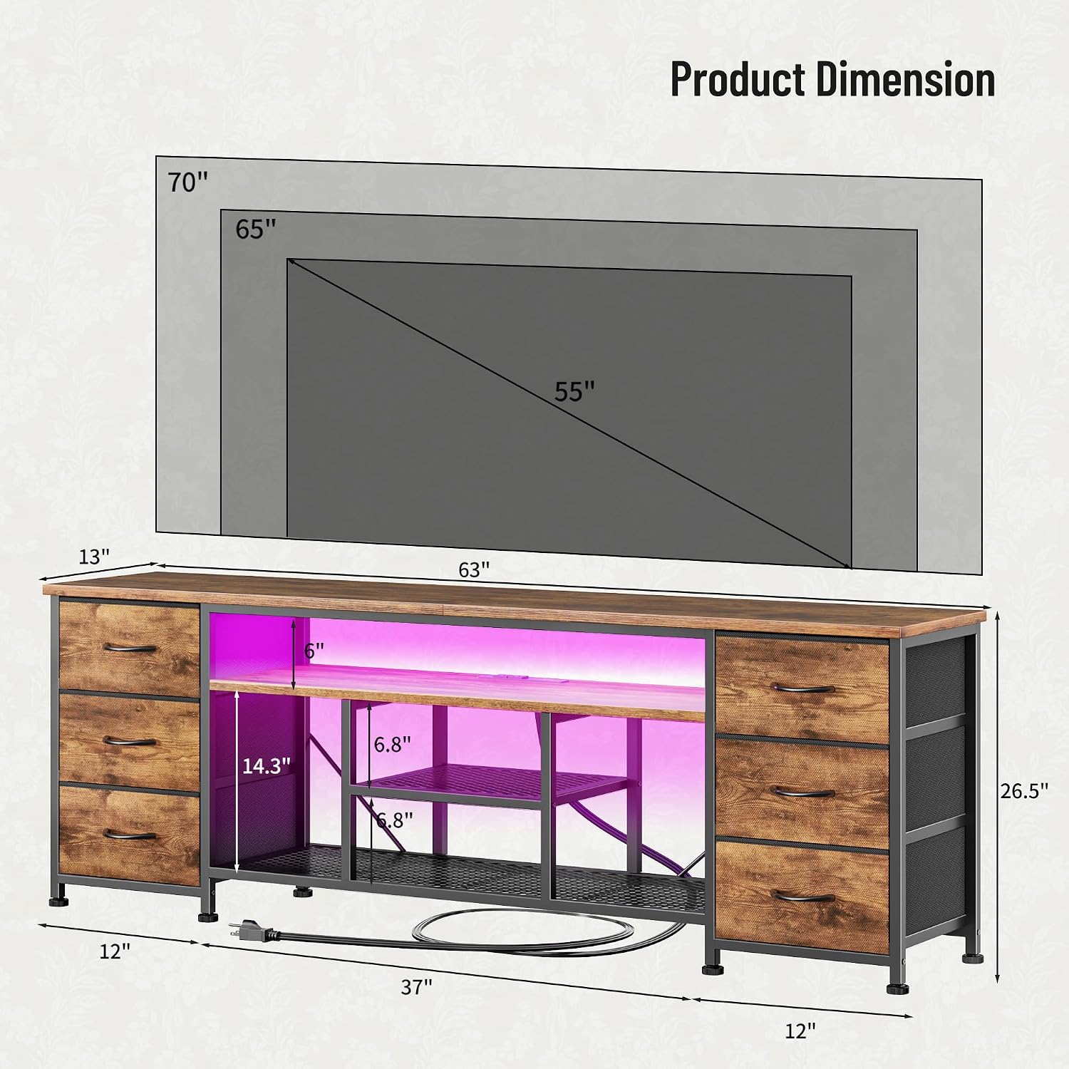 Furologee 63 Inch LED TV Stand, Entertainment Center, Rustic Brown | TV Stand for 65, 70 Inch TV, TV Console with Power Outlets & 6 Fabric Drawers, for Living Room, Bedroom