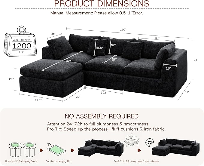 110'' Oversized Cloud Sectional Boneless Couch for Living Room, Modern Big Compressed L Shape Couch with Ottoman & 2 Throw Pillows, Comfy Chenille Deep Seat Memory Foam Spineless 4 Seater Sofa,Black | No Assembly Needed, Premium Chenille, Flexible Modu...