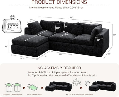 110'' Oversized Cloud Sectional Boneless Couch for Living Room, Modern Big Compressed L Shape Couch with Ottoman & 2 Throw Pillows, Comfy Chenille Deep Seat Memory Foam Spineless 4 Seater Sofa,Black | No Assembly Needed, Premium Chenille, Flexible Modu...