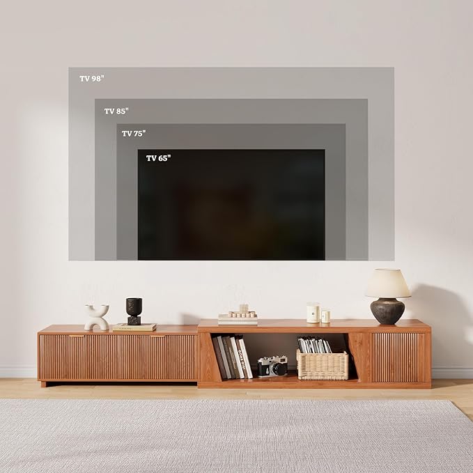 98 Inch TV Stands for Living Room, Wooden Extra Long TV Stand with Adjustable Shelf and Drawers, Flutted Extendable TV Console with Storage Cabinet, Warm Brown Oak (64.57" W-98.43" W)