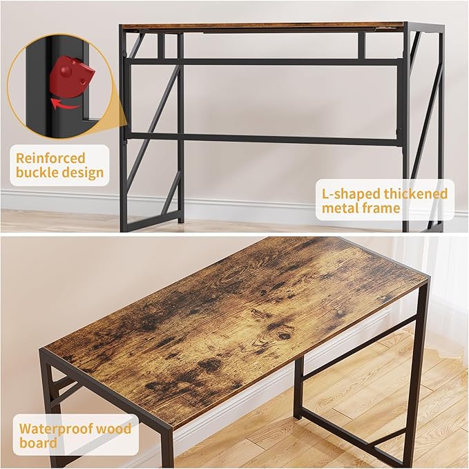 Elephance Folding Desk Writing Computer Desk for Home Office, No-Assembly Study Office Desk Foldable Table for Small Spaces