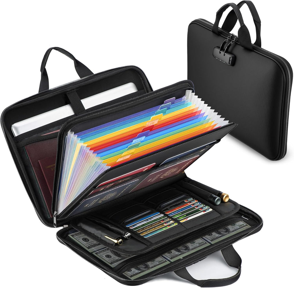 Fireproof Document Box with Combination Lock, Hard-Shell Fireproof File Organizer for Legal Documents, Laptop, Valuables & Important Papers, 13-Pocket Accordion File Folder