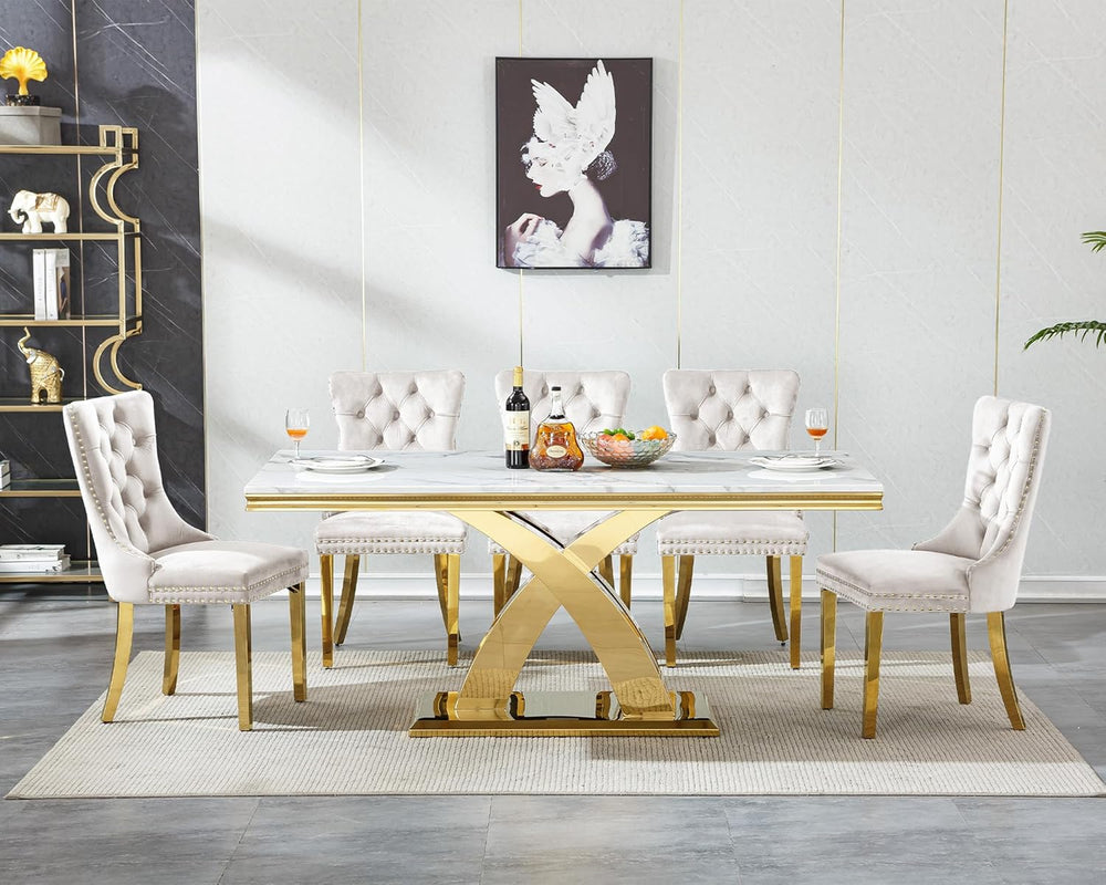 Luxury 7 Piece Dining Set, Modern 68.11" Faux Marble Dining Table with 6...