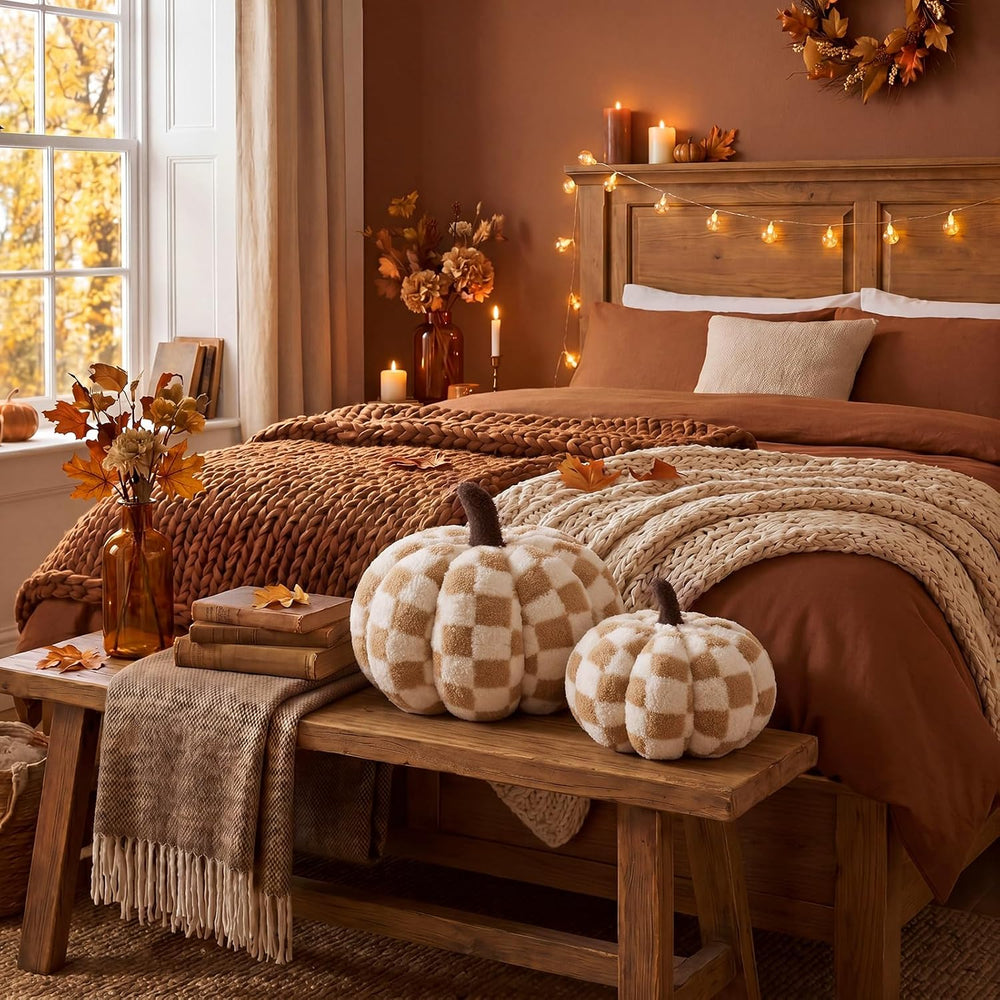 Leinuosen 2 Pcs Fall Pumpkin Pillows Checkerboard Halloween Pillow