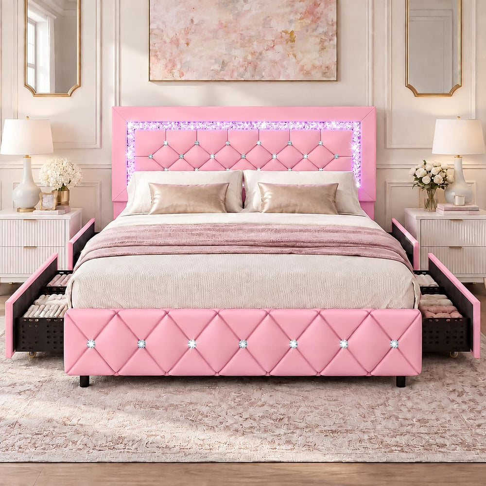 BarnFurin Full Size Bed Frame with LED Headboard and Storage Drawers,Pink
