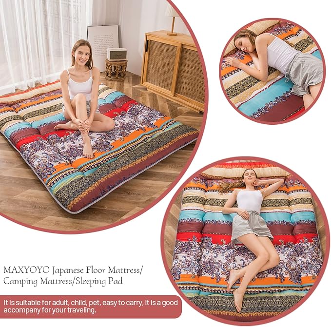 MAXYOYO Japanese Floor Mattress Futon Mattress, 4" Thicken Tatami Mat Sleeping Pad Foldable Roll Up Mat Boys Girls Dormitory Pad Kids Floor Lounger Pillow Bed, Charcoal Grey, Queen Size