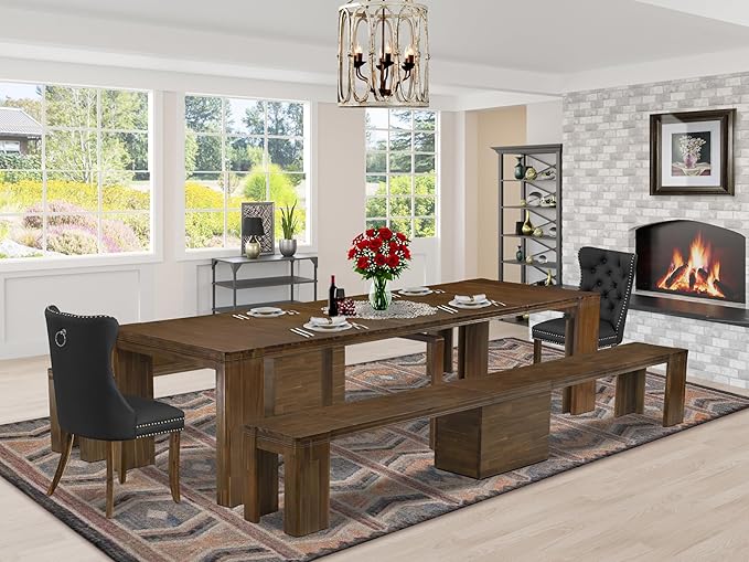 X02DA-208-12 - 5-Pc Kitchen Table Set includes an Extendable Rectangle Kitchen Table, 2 Polyester Fabric Dining Chairs and 2 Modern Benches, 39x120 Inch, Antique Walnut