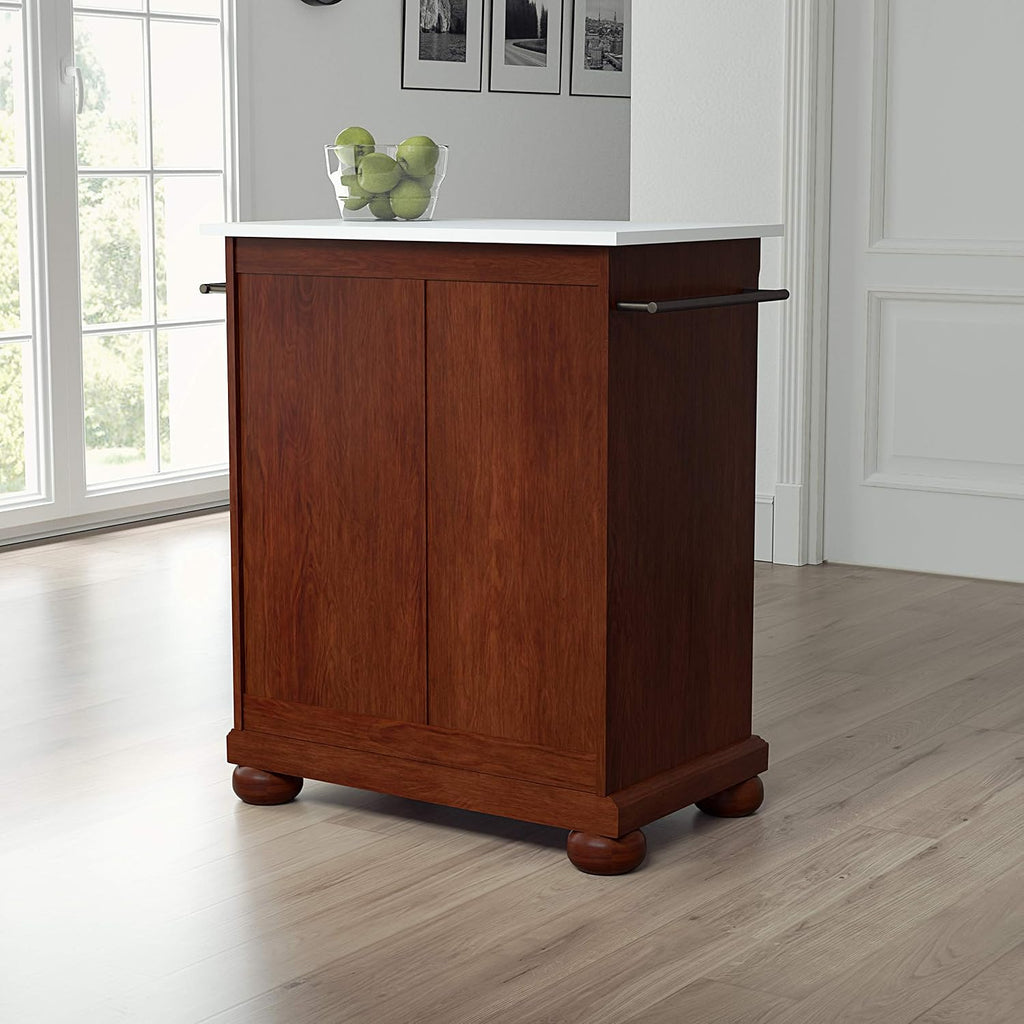 Crosley Furniture Alexandria Stone Top Small Portable Rolling Kitchen Island Storage Cart, Microwave Stand, Mahogany