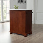 Crosley Furniture Alexandria Stone Top Small Portable Rolling Kitchen Island Storage Cart, Microwave Stand, Mahogany