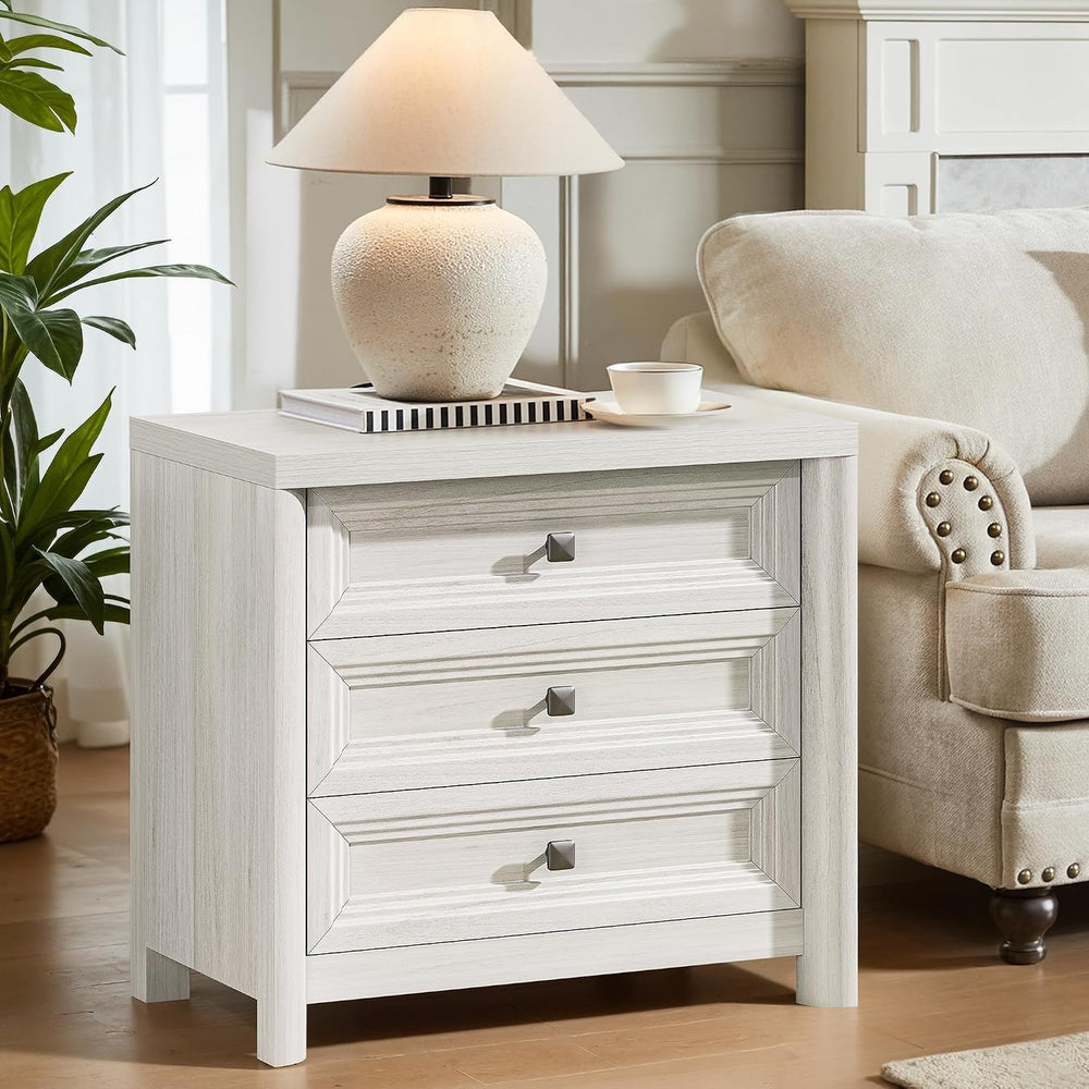 White Nightstand with 3 Drawers, Wood Night Stand with Metal Knobs, Farmhouse...