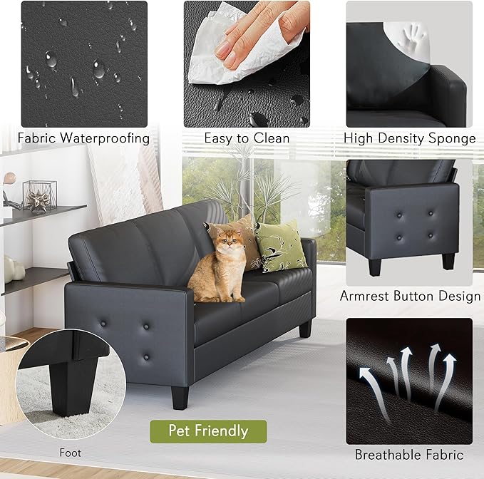 STHOUYN 73” Black Faux Leather Sofa Couch, Modern Comfy Office 3 Seater Couch Loveseat with Tufted Armrest and USB, Small Love Seat Couches for Living Room, Bedroom, Apartment